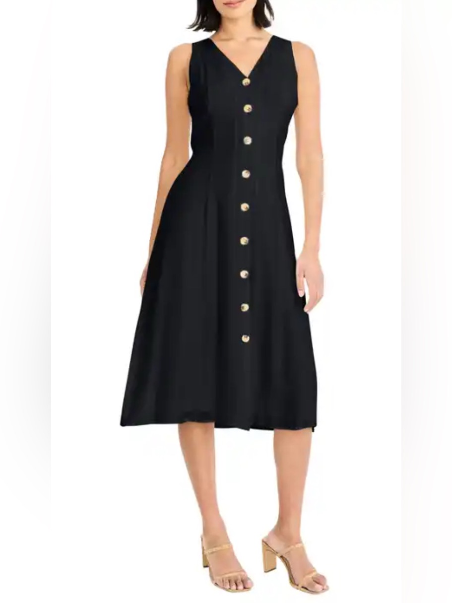 Maggy London Sleeveless V-Neck Button-Front Midi Shirtdress In Black